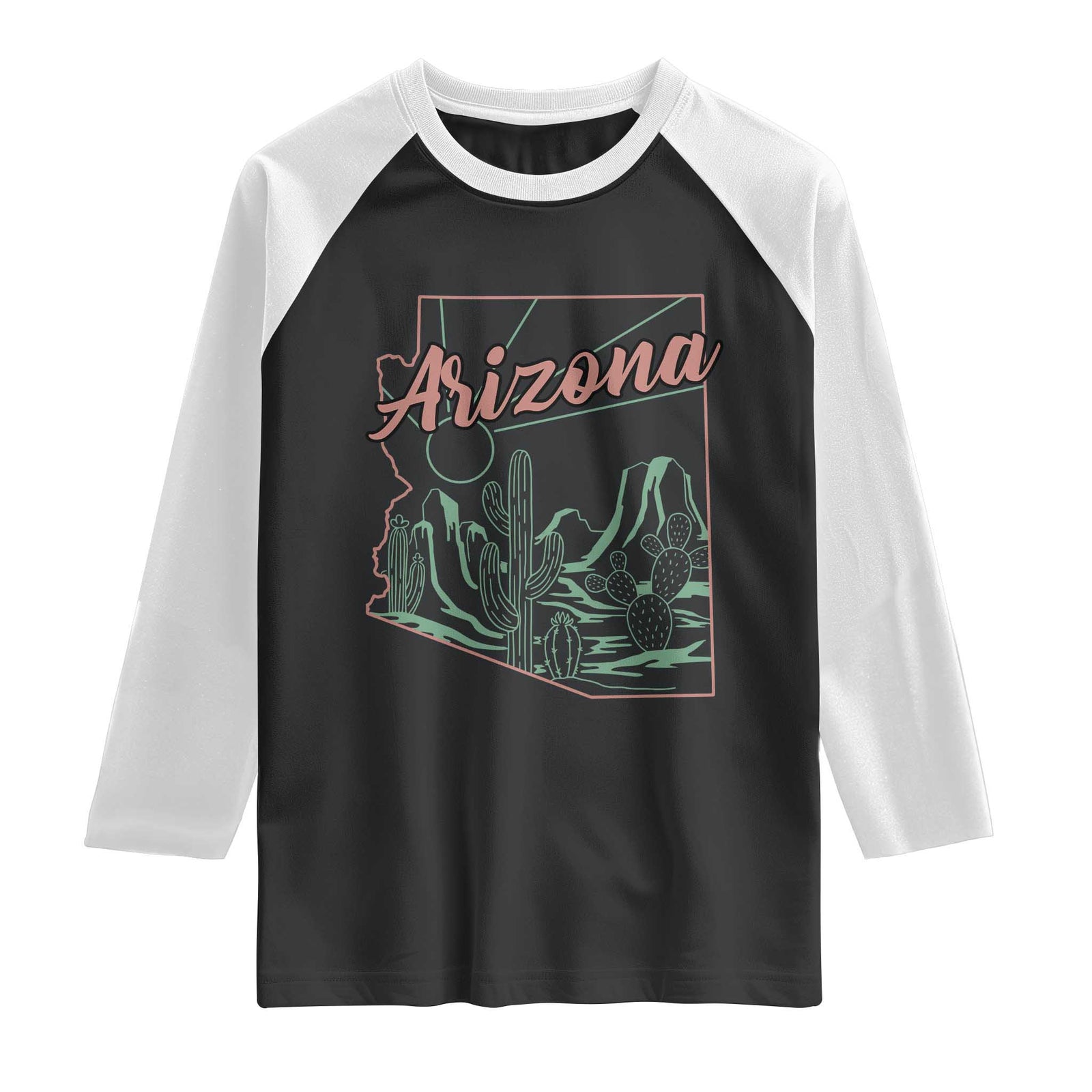Vintage Arizona State Outline Desert Sunset Graphic Raglan Shirt Retro Southwest Saguaro Cactus Travel Souvenir TS02 Black White Print Your Wear