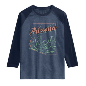 Vintage Arizona State Outline Desert Sunset Graphic Raglan Shirt Retro Southwest Saguaro Cactus Travel Souvenir