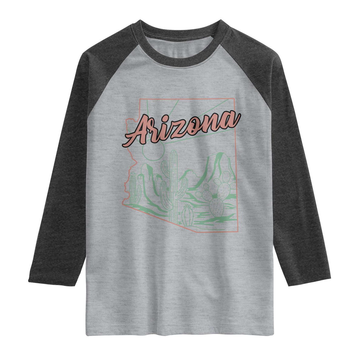 Vintage Arizona State Outline Desert Sunset Graphic Raglan Shirt Retro Southwest Saguaro Cactus Travel Souvenir