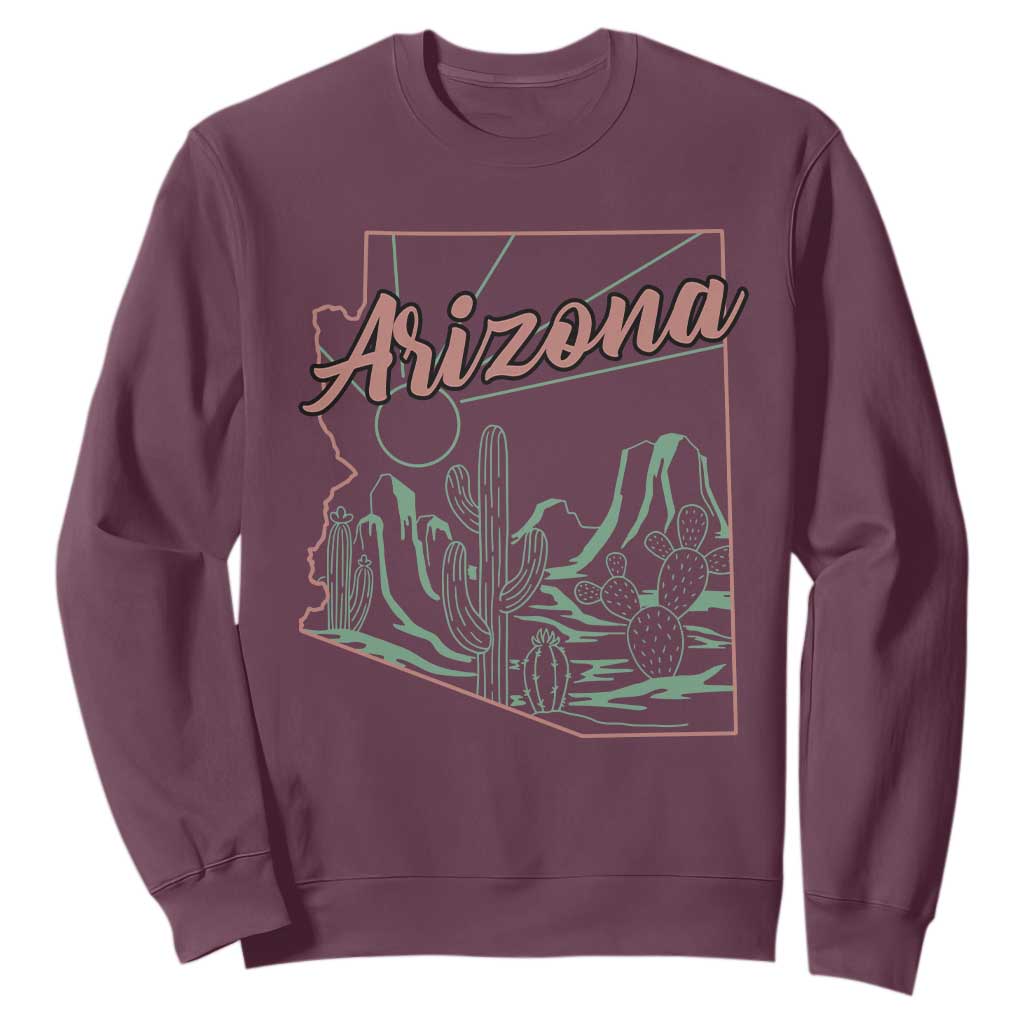Vintage Arizona State Outline Desert Sunset Graphic Sweatshirt Retro Southwest Saguaro Cactus Travel Souvenir