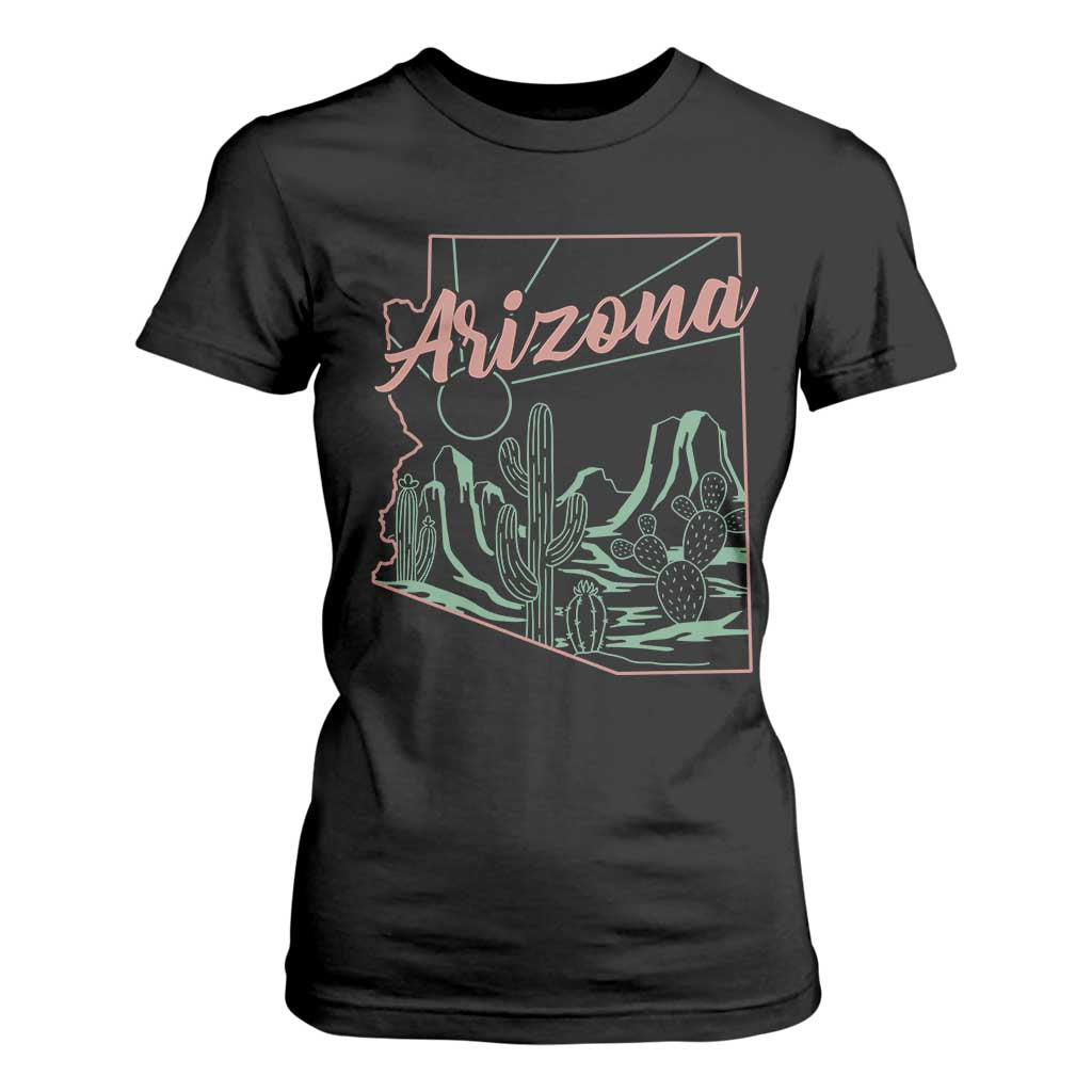 Vintage Arizona State Outline Desert Sunset Graphic T Shirt For Women Retro Southwest Saguaro Cactus Travel Souvenir
