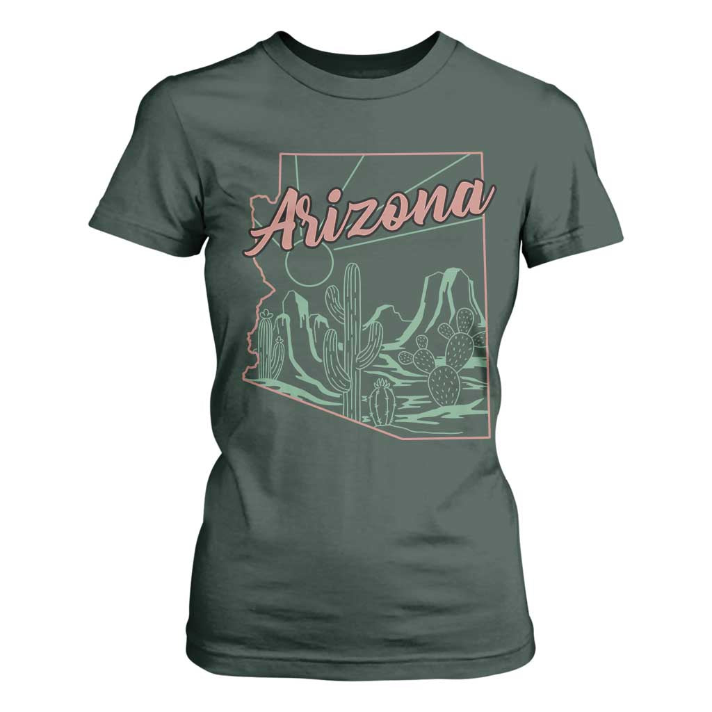 Vintage Arizona State Outline Desert Sunset Graphic T Shirt For Women Retro Southwest Saguaro Cactus Travel Souvenir