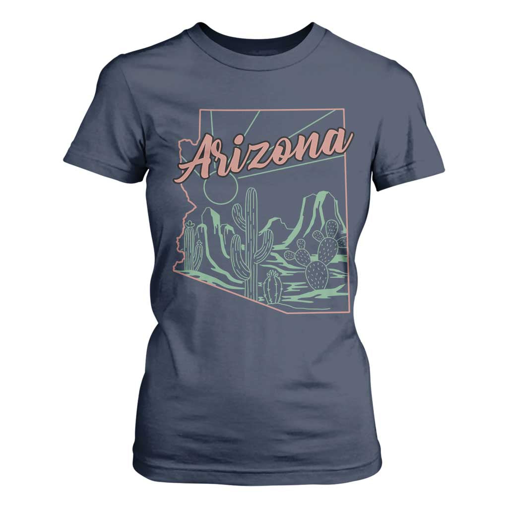 Vintage Arizona State Outline Desert Sunset Graphic T Shirt For Women Retro Southwest Saguaro Cactus Travel Souvenir