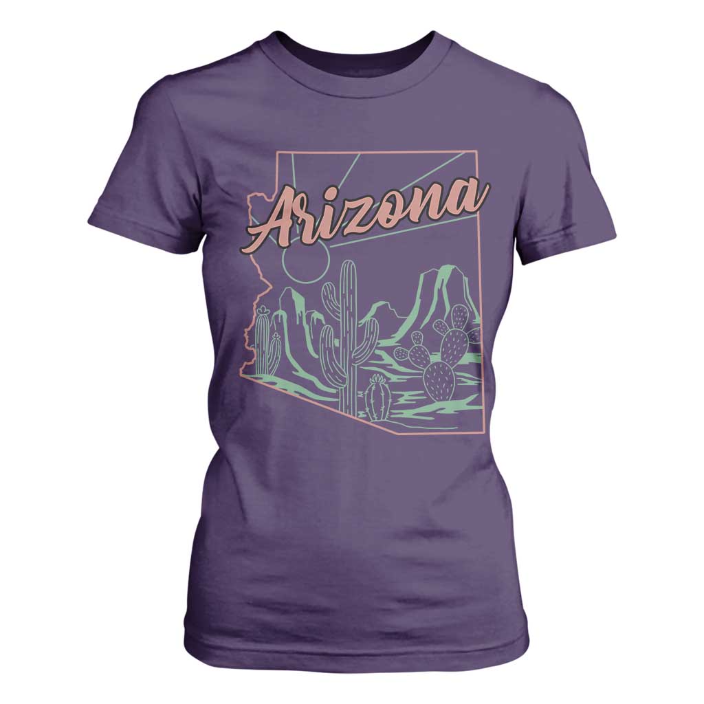 Vintage Arizona State Outline Desert Sunset Graphic T Shirt For Women Retro Southwest Saguaro Cactus Travel Souvenir