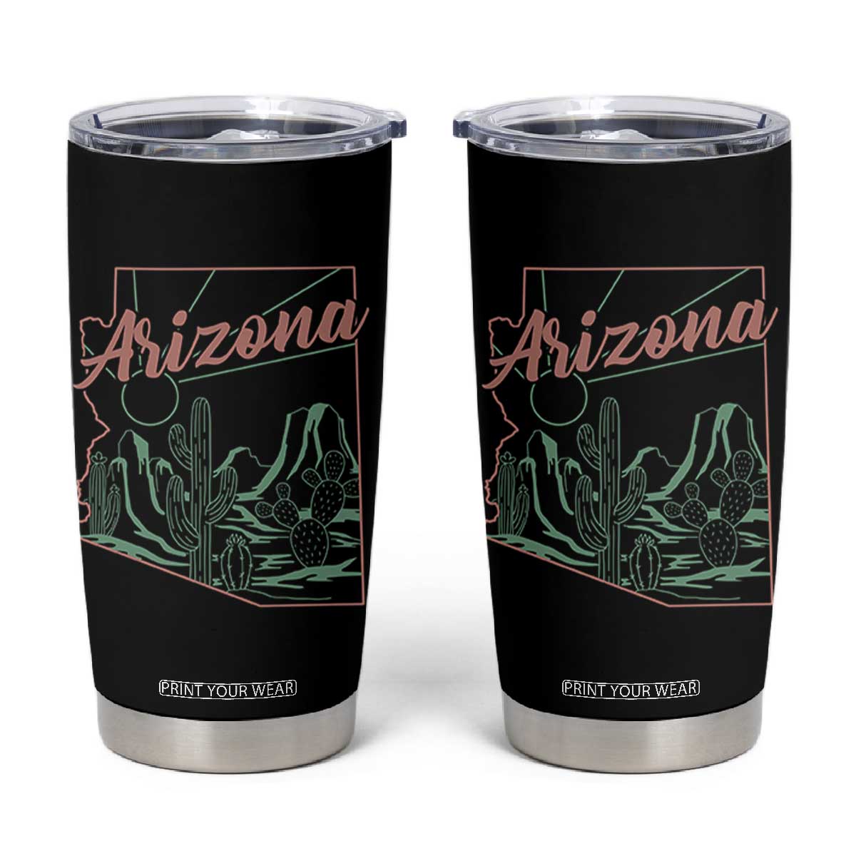 Vintage Arizona State Outline Desert Sunset Graphic Tumbler Cup Retro Southwest Saguaro Cactus Travel Souvenir