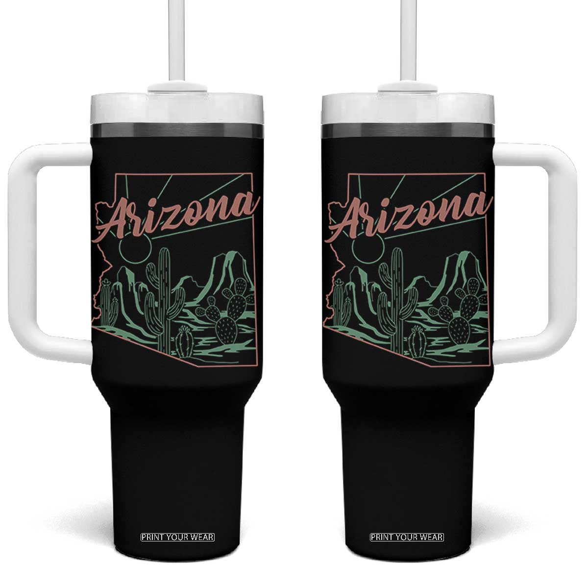 Vintage Arizona State Outline Desert Sunset Graphic Tumbler With Handle Retro Southwest Saguaro Cactus Travel Souvenir