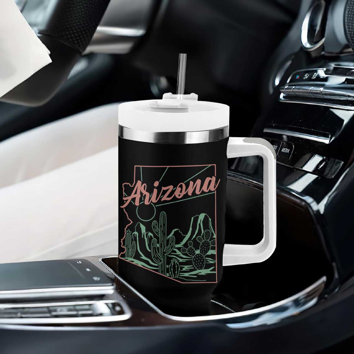 Vintage Arizona State Outline Desert Sunset Graphic Tumbler With Handle Retro Southwest Saguaro Cactus Travel Souvenir