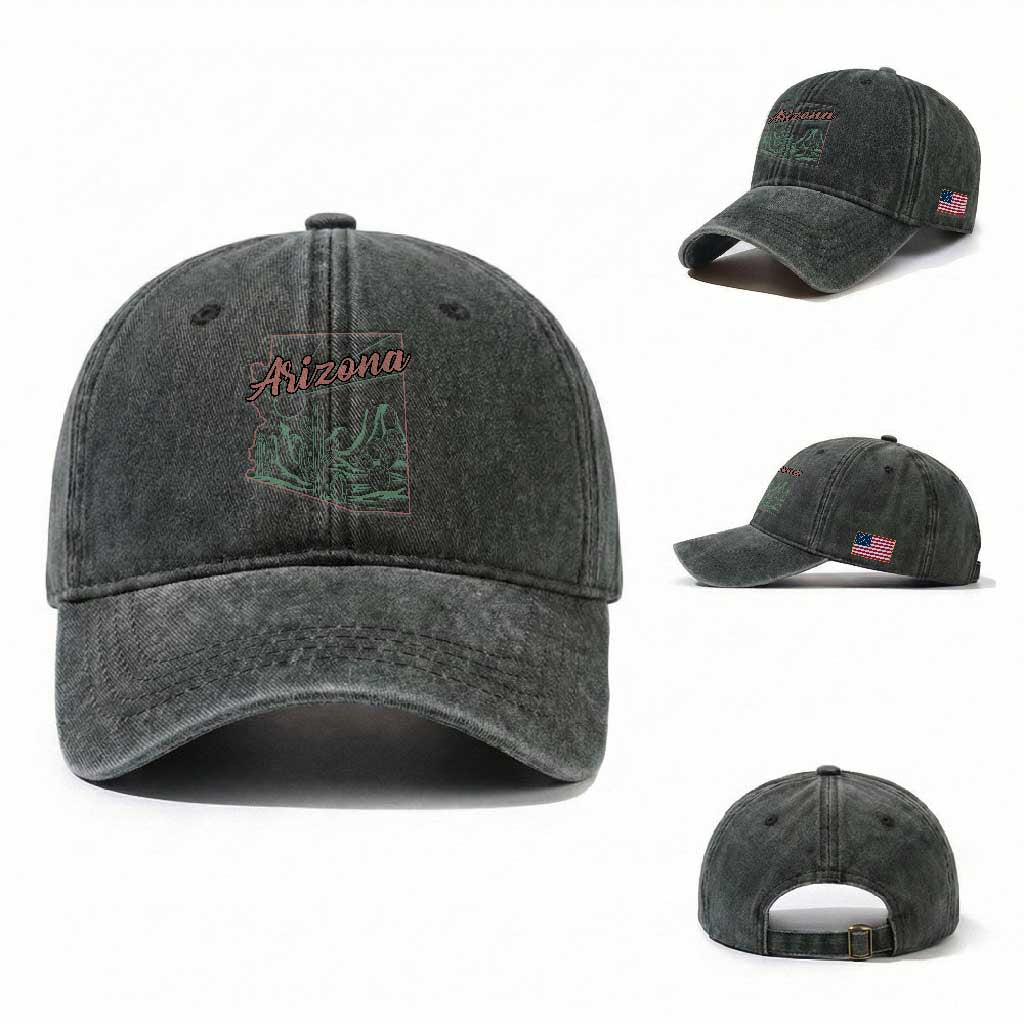 Vintage Arizona State Outline Desert Sunset Graphic Washed Cotton Baseball Cap Retro Southwest Saguaro Cactus Travel Souvenir