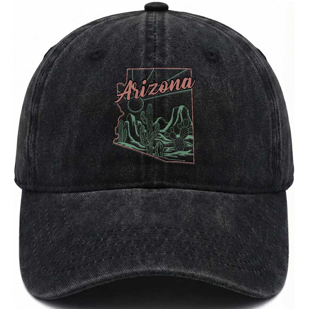 Vintage Arizona State Outline Desert Sunset Graphic Washed Cotton Baseball Cap Retro Southwest Saguaro Cactus Travel Souvenir TS02 Print Your Wear