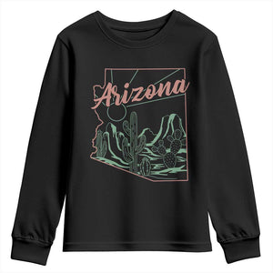 Vintage Arizona State Outline Desert Sunset Graphic Youth Sweatshirt Retro Southwest Saguaro Cactus Travel Souvenir