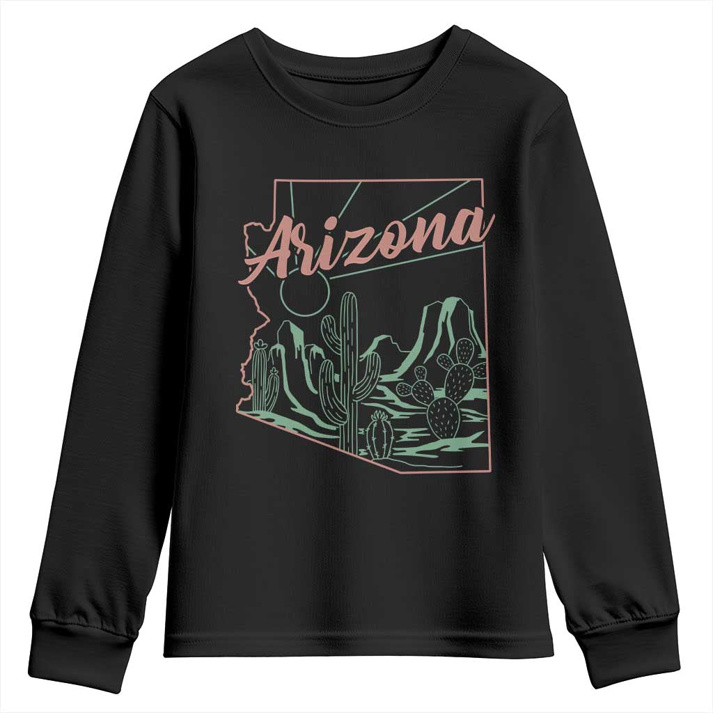 Vintage Arizona State Outline Desert Sunset Graphic Youth Sweatshirt Retro Southwest Saguaro Cactus Travel Souvenir TS02 Black Print Your Wear