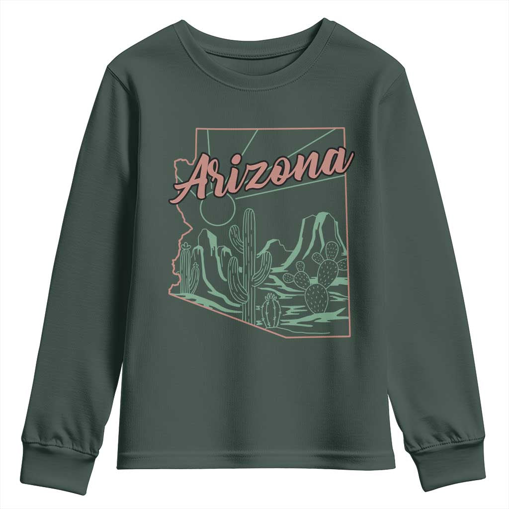 Vintage Arizona State Outline Desert Sunset Graphic Youth Sweatshirt Retro Southwest Saguaro Cactus Travel Souvenir