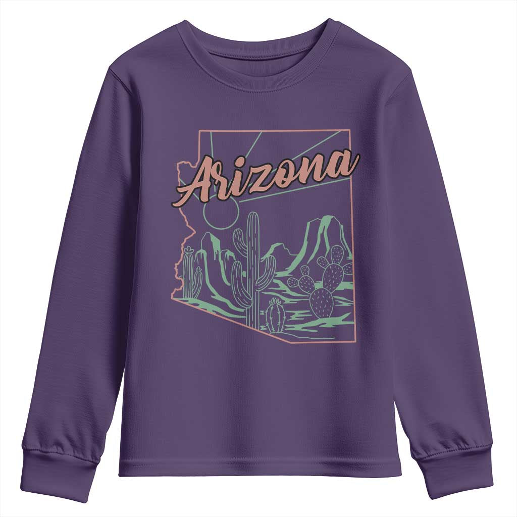 Vintage Arizona State Outline Desert Sunset Graphic Youth Sweatshirt Retro Southwest Saguaro Cactus Travel Souvenir