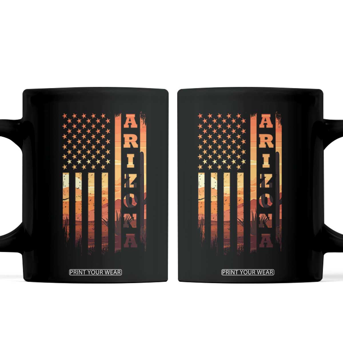 Patriotic Arizona Flag Sunset Graphic Coffee Mug American Flag Southwest Desert Saguaro Cactus State Pride Souvenir TS02 Black Print Your Wear