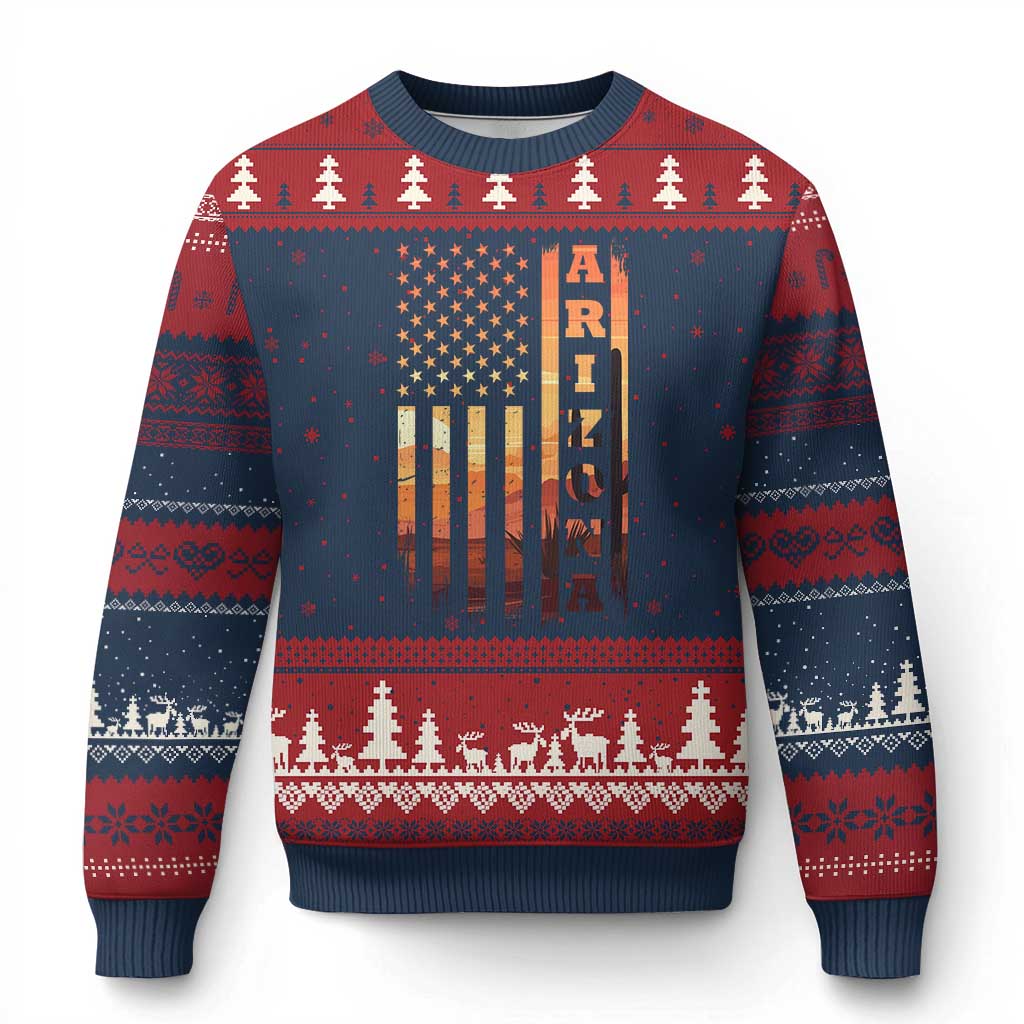 Patriotic Arizona Flag Sunset Graphic Ugly Christmas Sweater American Flag Southwest Desert Saguaro Cactus State Pride Souvenir TS02 Navy Red Print Your Wear