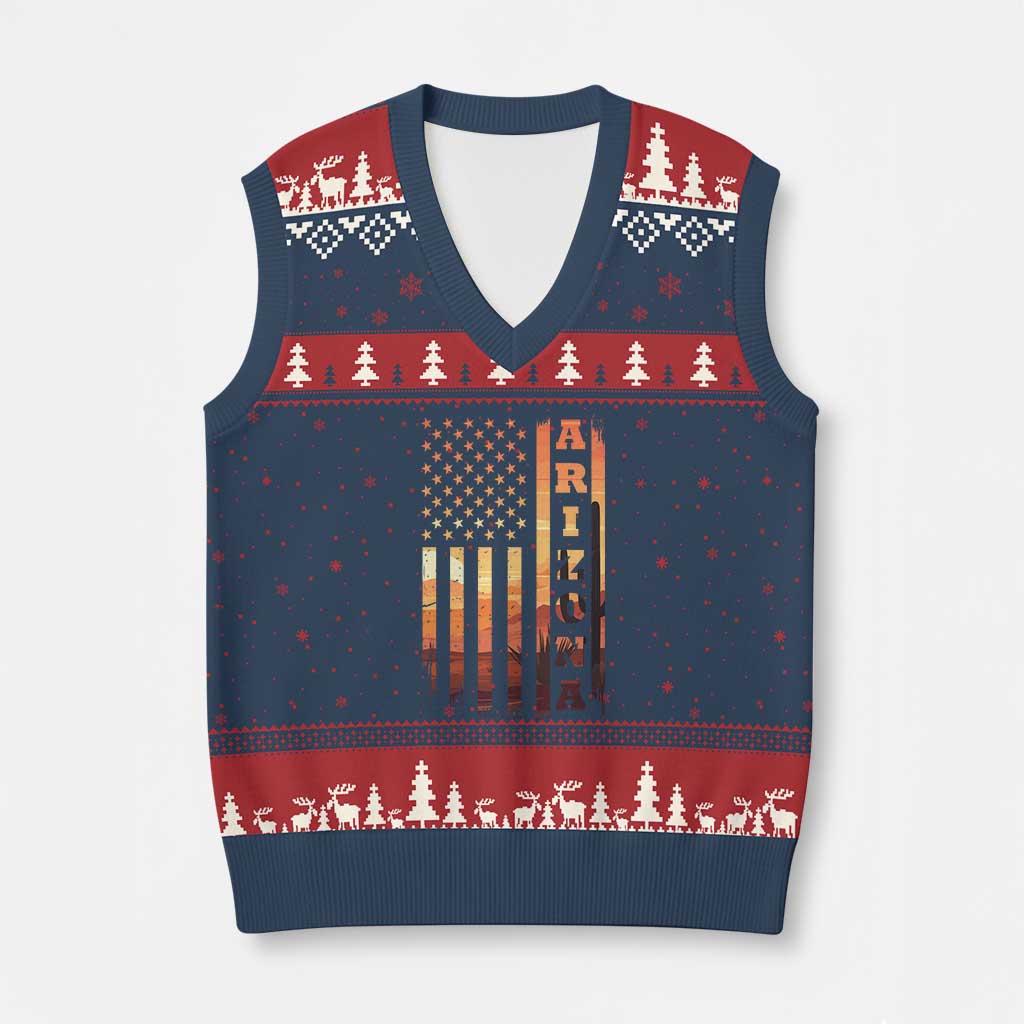 Patriotic Arizona Flag Sunset Graphic V-Neck Knit Sweater Vest American Flag Southwest Desert Saguaro Cactus State Pride Souvenir TS02 Navy Red Print Your Wear