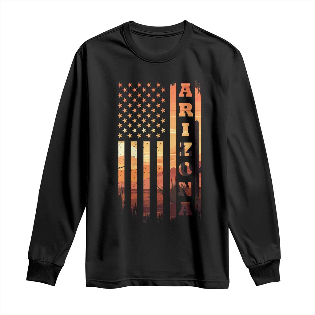 Patriotic Arizona Flag Sunset Graphic Long Sleeve Shirt American Flag Southwest Desert Saguaro Cactus State Pride Souvenir TS02 Black Print Your Wear