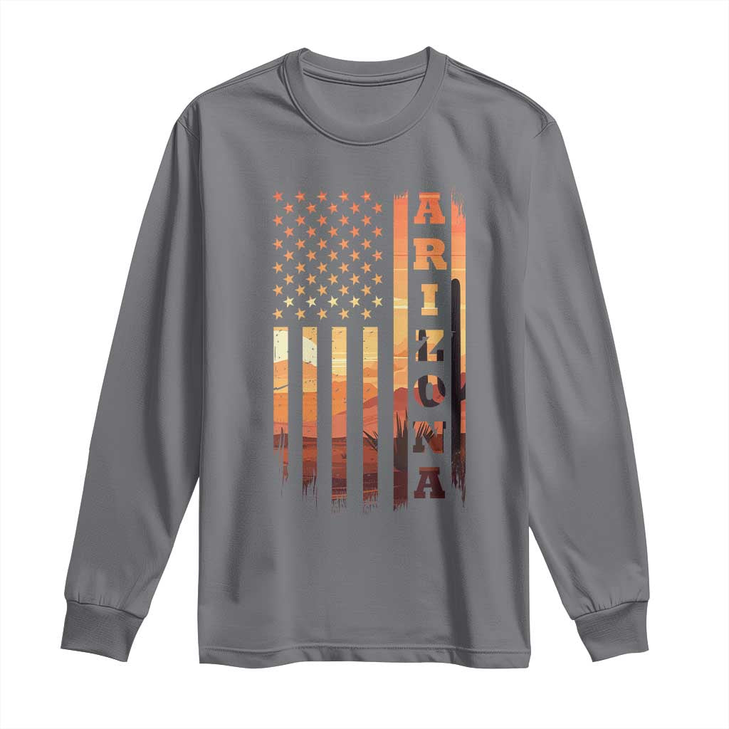 Patriotic Arizona Flag Sunset Graphic Long Sleeve Shirt American Flag Southwest Desert Saguaro Cactus State Pride Souvenir