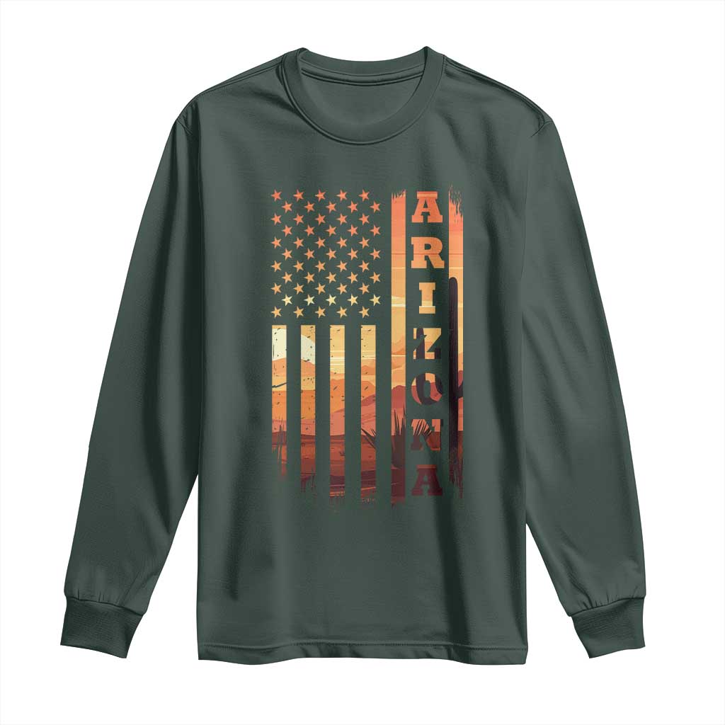 Patriotic Arizona Flag Sunset Graphic Long Sleeve Shirt American Flag Southwest Desert Saguaro Cactus State Pride Souvenir