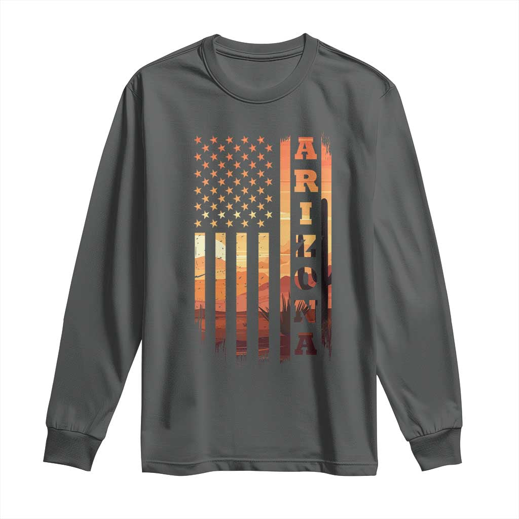 Patriotic Arizona Flag Sunset Graphic Long Sleeve Shirt American Flag Southwest Desert Saguaro Cactus State Pride Souvenir