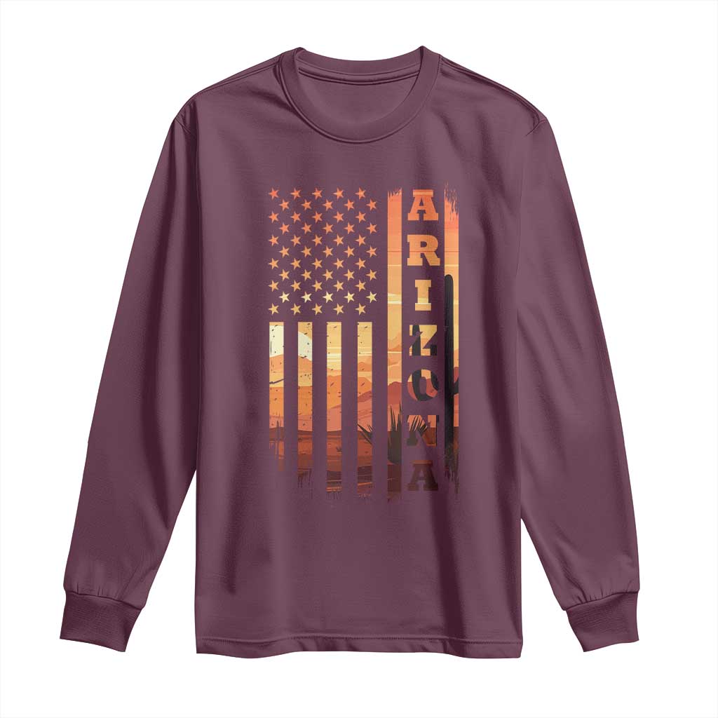 Patriotic Arizona Flag Sunset Graphic Long Sleeve Shirt American Flag Southwest Desert Saguaro Cactus State Pride Souvenir