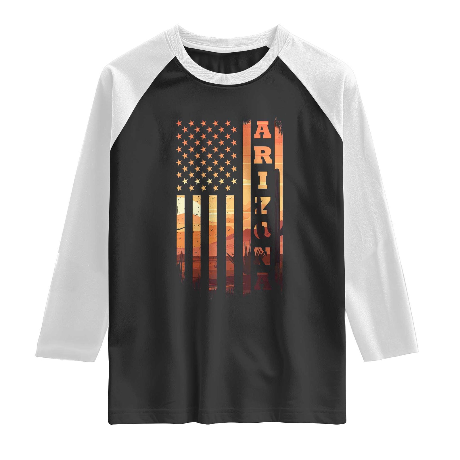 Patriotic Arizona Flag Sunset Graphic Raglan Shirt American Flag Southwest Desert Saguaro Cactus State Pride Souvenir TS02 Black White Print Your Wear