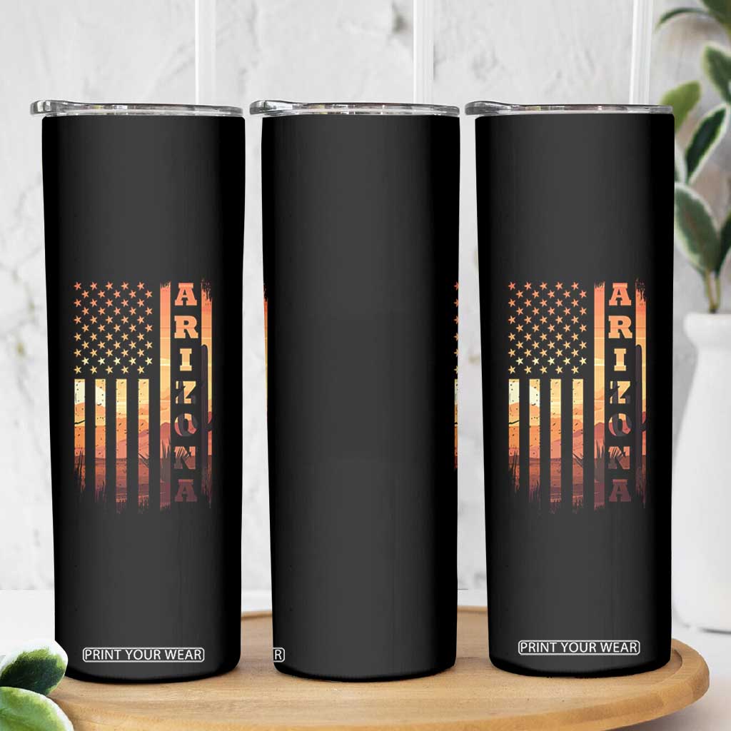 Patriotic Arizona Flag Sunset Graphic Skinny Tumbler American Flag Southwest Desert Saguaro Cactus State Pride Souvenir