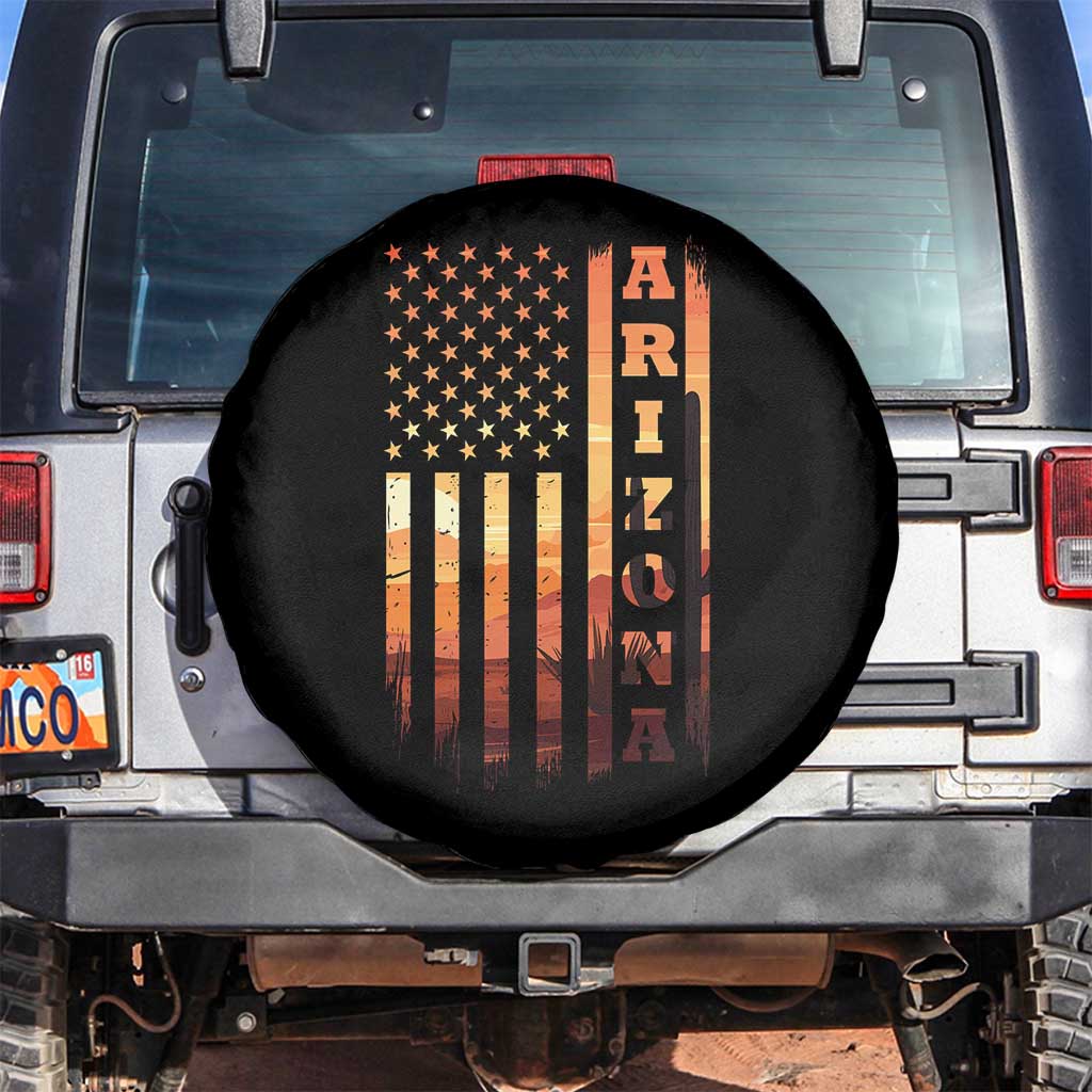 Patriotic Arizona Flag Sunset Graphic Spare Tire Cover American Flag Southwest Desert Saguaro Cactus State Pride Souvenir TS02 No hole Black Print Your Wear