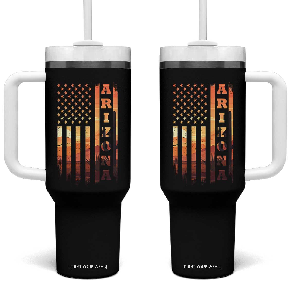 Patriotic Arizona Flag Sunset Graphic Tumbler With Handle American Flag Southwest Desert Saguaro Cactus State Pride Souvenir TS02 One Size: 40 oz Black Print Your Wear