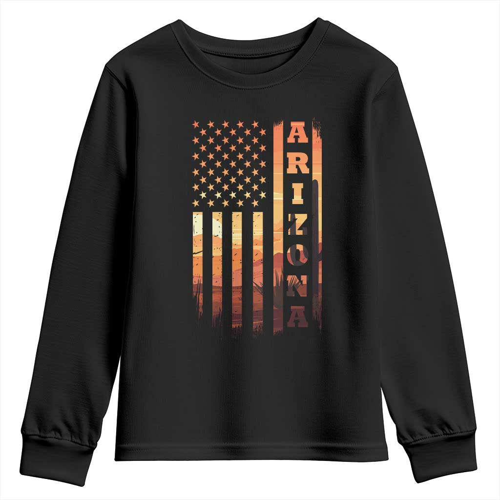 Patriotic Arizona Flag Sunset Graphic Youth Sweatshirt American Flag Southwest Desert Saguaro Cactus State Pride Souvenir TS02 Black Print Your Wear