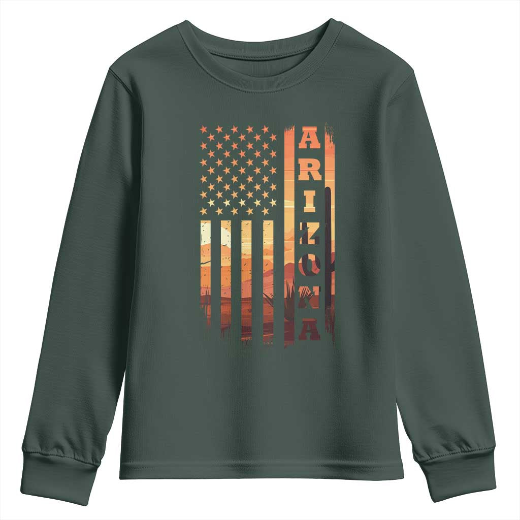 Patriotic Arizona Flag Sunset Graphic Youth Sweatshirt American Flag Southwest Desert Saguaro Cactus State Pride Souvenir