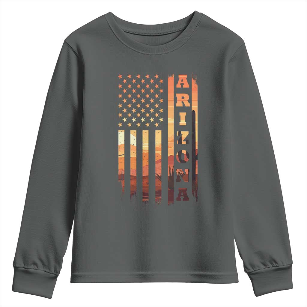 Patriotic Arizona Flag Sunset Graphic Youth Sweatshirt American Flag Southwest Desert Saguaro Cactus State Pride Souvenir