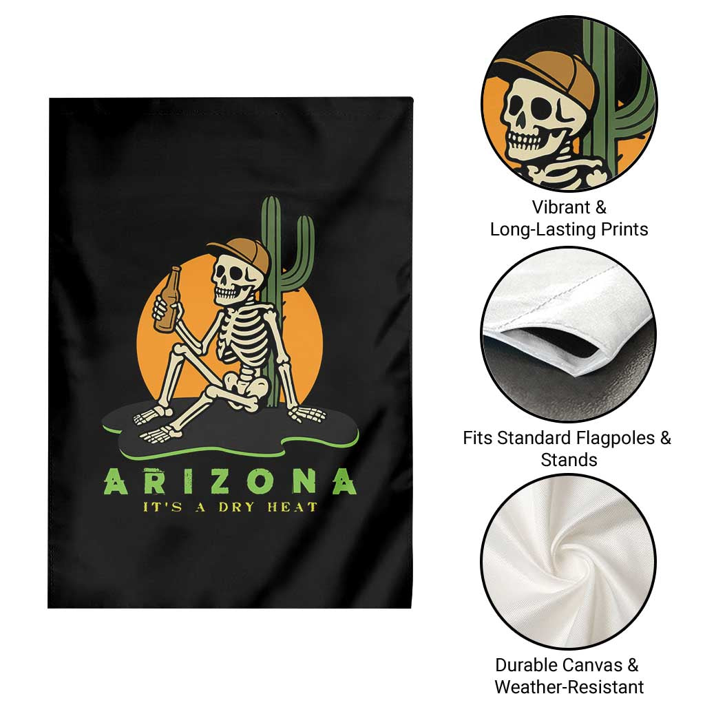 Funny Arizona Its A Dry Heat Skeleton Graphic Garden Flag Vintage Desert Drinking Beer Saguaro Cactus Souvenir