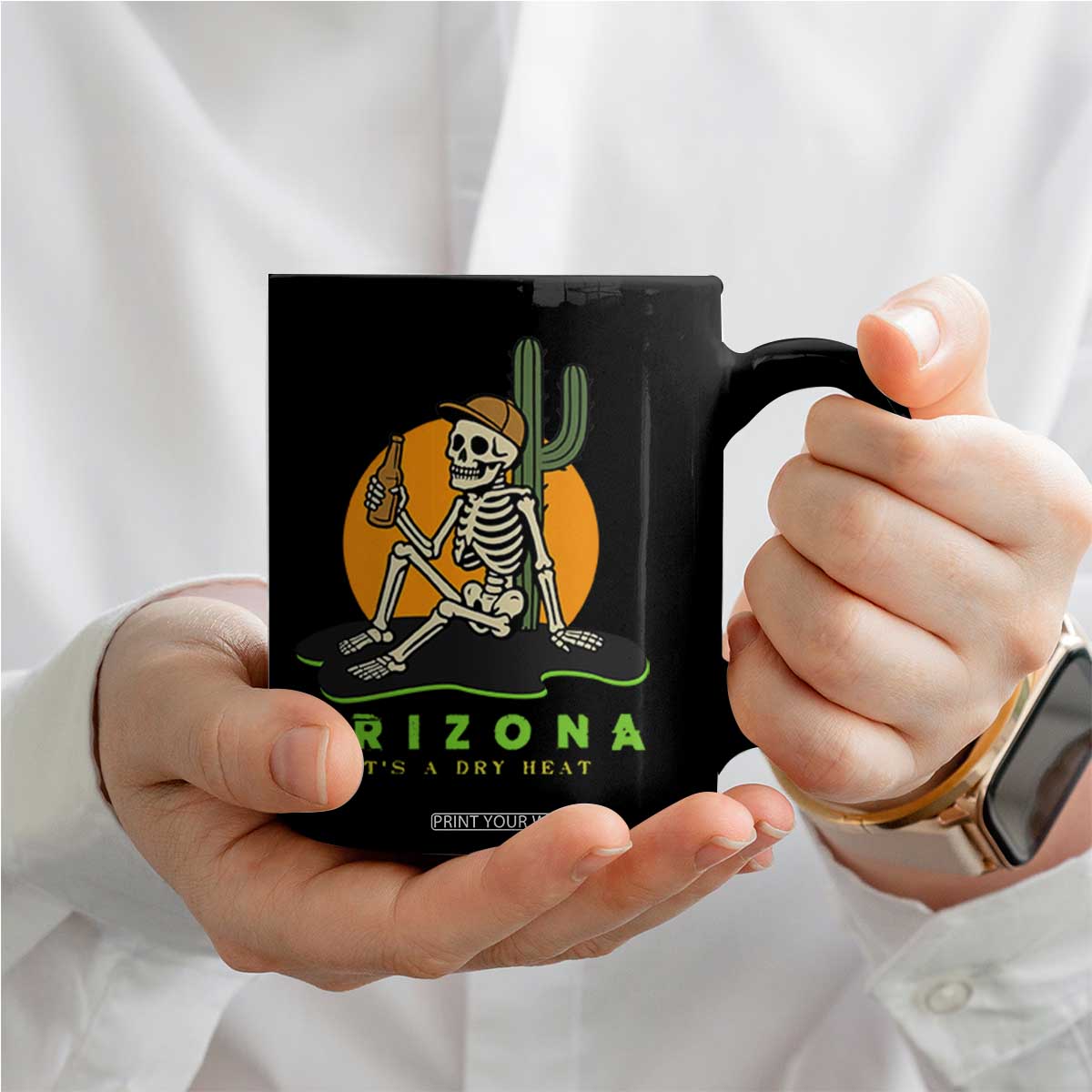 Funny Arizona Its A Dry Heat Skeleton Graphic Coffee Mug Vintage Desert Drinking Beer Saguaro Cactus Souvenir