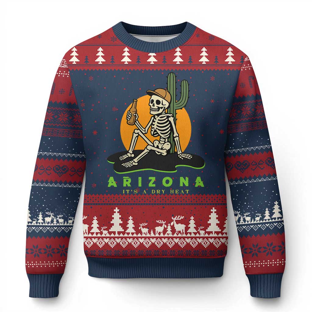 Funny Arizona Its A Dry Heat Skeleton Graphic Ugly Christmas Sweater Vintage Desert Drinking Beer Saguaro Cactus Souvenir TS02 Navy Red Print Your Wear