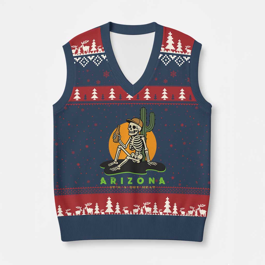 Funny Arizona Its A Dry Heat Skeleton Graphic V-Neck Knit Sweater Vest Vintage Desert Drinking Beer Saguaro Cactus Souvenir TS02 Navy Red Print Your Wear