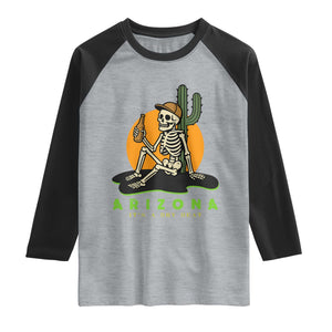 Funny Arizona Its A Dry Heat Skeleton Graphic Raglan Shirt Vintage Desert Drinking Beer Saguaro Cactus Souvenir