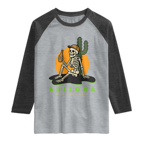 Funny Arizona Its A Dry Heat Skeleton Graphic Raglan Shirt Vintage Desert Drinking Beer Saguaro Cactus Souvenir