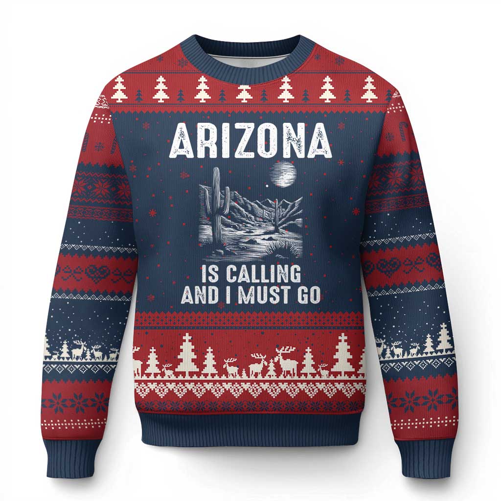 Retro Arizona Is Calling And I Must Go Graphic Ugly Christmas Sweater Outdoor Desert Cactus Mountain Travel Souvenir TS02 Navy Red Print Your Wear