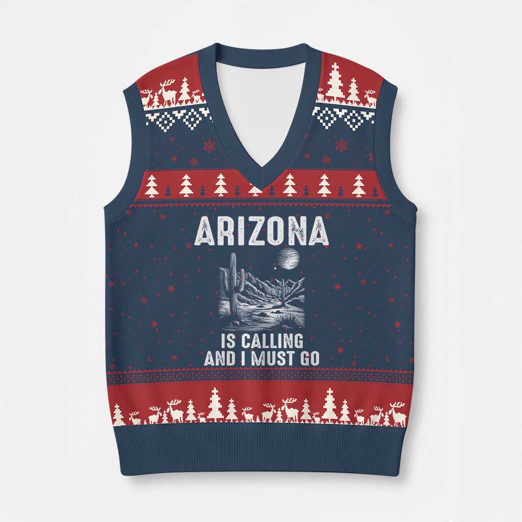 Retro Arizona Is Calling And I Must Go Graphic V-Neck Knit Sweater Vest Outdoor Desert Cactus Mountain Travel Souvenir TS02 Navy Red Print Your Wear