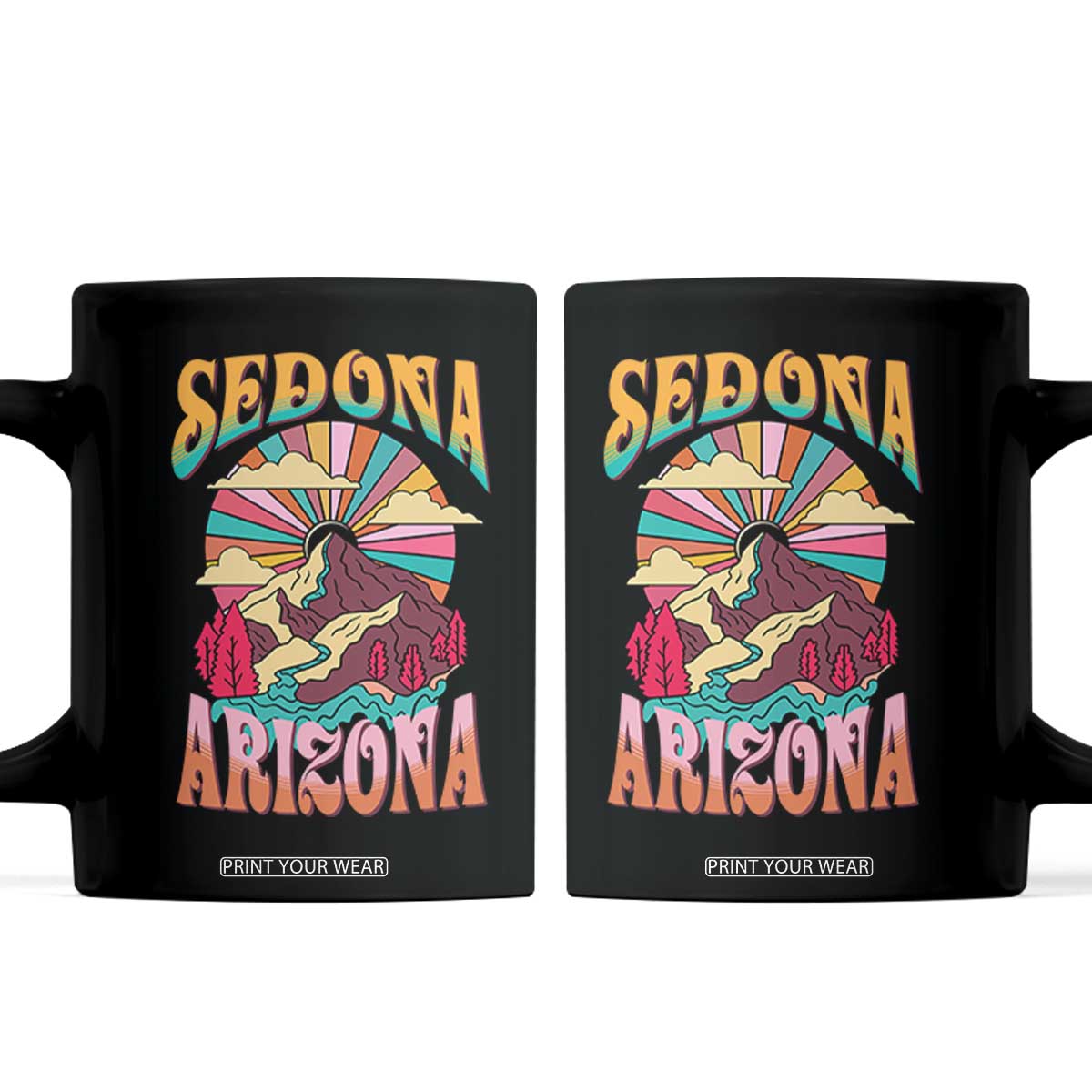 Vintage Retro Sedona Arizona Graphic Coffee Mug Psychedelic Red Rock Mountain Sunset Travel Souvenir TS02 Black Print Your Wear