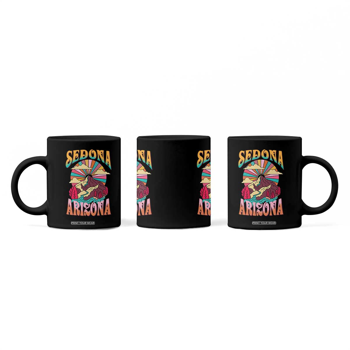 Vintage Retro Sedona Arizona Graphic Coffee Mug Psychedelic Red Rock Mountain Sunset Travel Souvenir