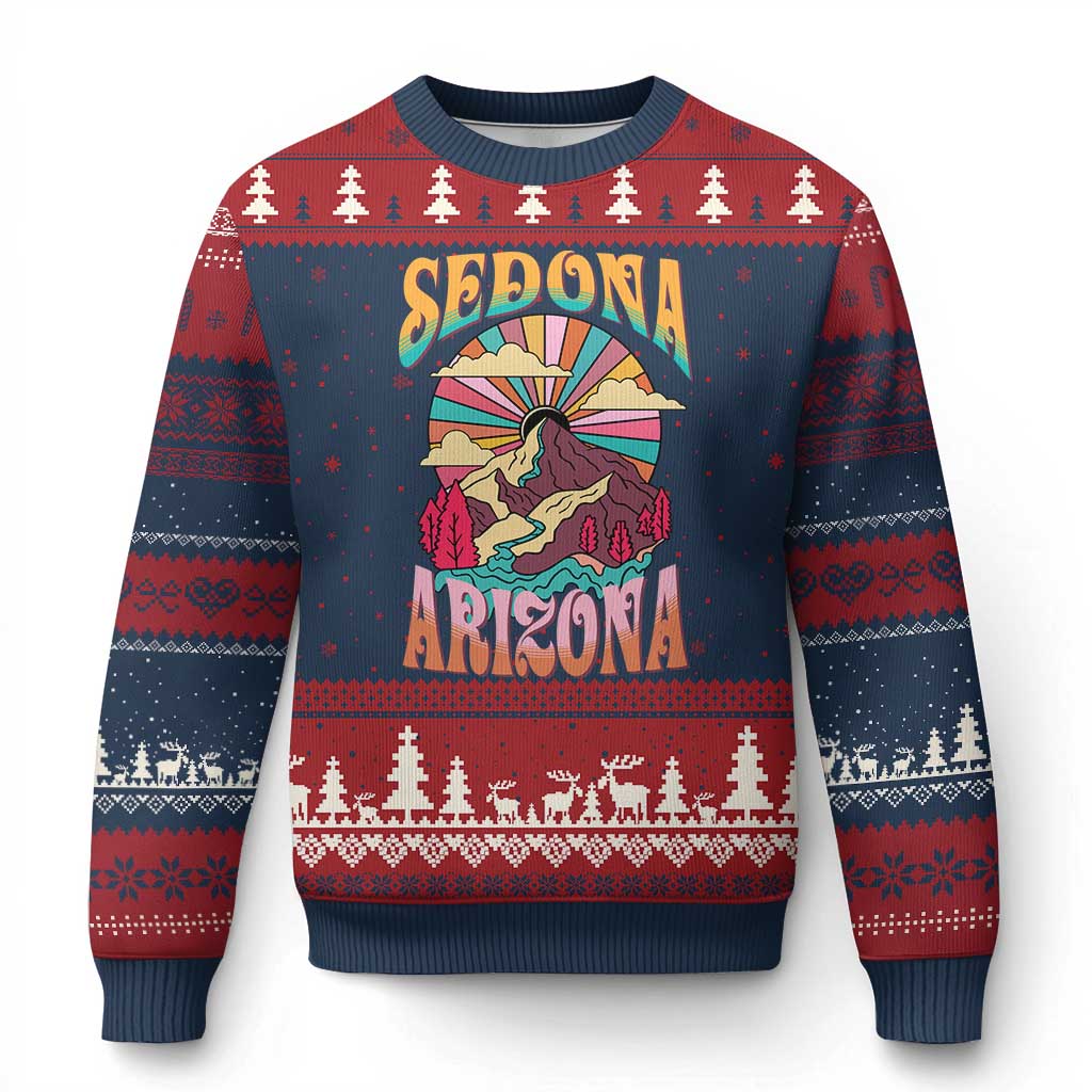 Vintage Retro Sedona Arizona Graphic Ugly Christmas Sweater Psychedelic Red Rock Mountain Sunset Travel Souvenir TS02 Navy Red Print Your Wear