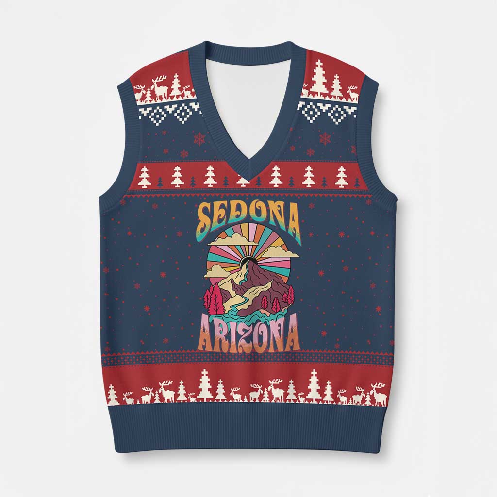 Vintage Retro Sedona Arizona Graphic V-Neck Knit Sweater Vest Psychedelic Red Rock Mountain Sunset Travel Souvenir TS02 Navy Red Print Your Wear