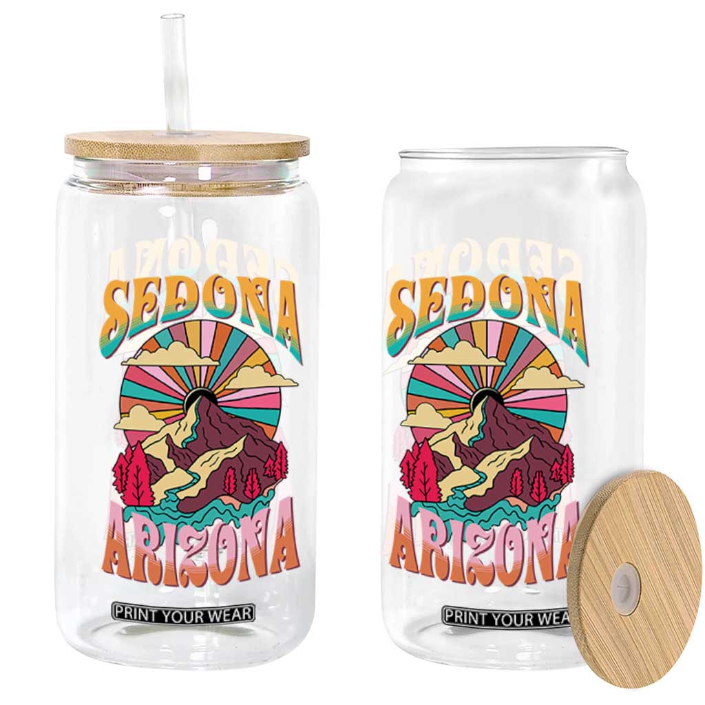 Vintage Retro Sedona Arizona Graphic Glass Can Psychedelic Red Rock Mountain Sunset Travel Souvenir