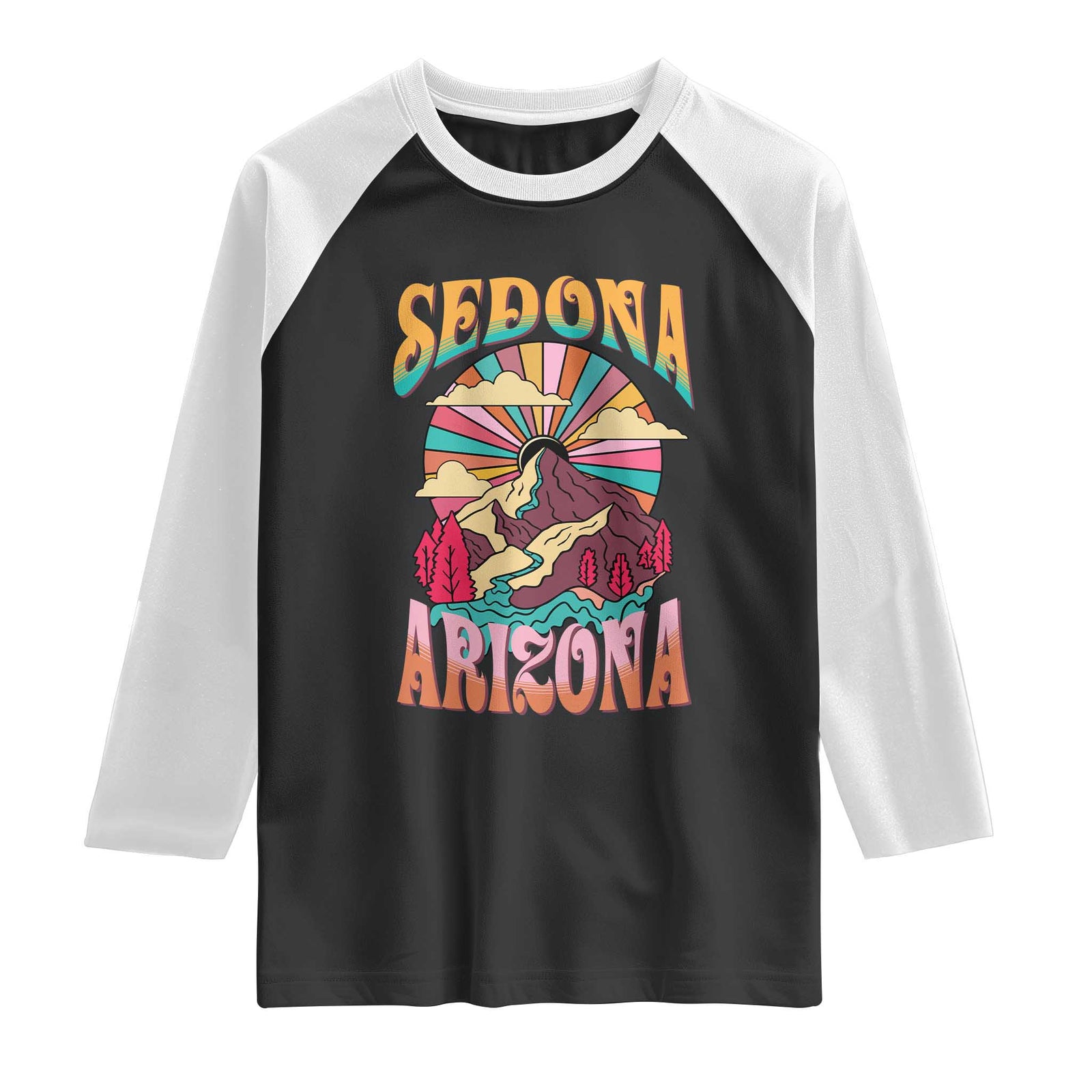 Vintage Retro Sedona Arizona Graphic Raglan Shirt Psychedelic Red Rock Mountain Sunset Travel Souvenir TS02 Black White Print Your Wear