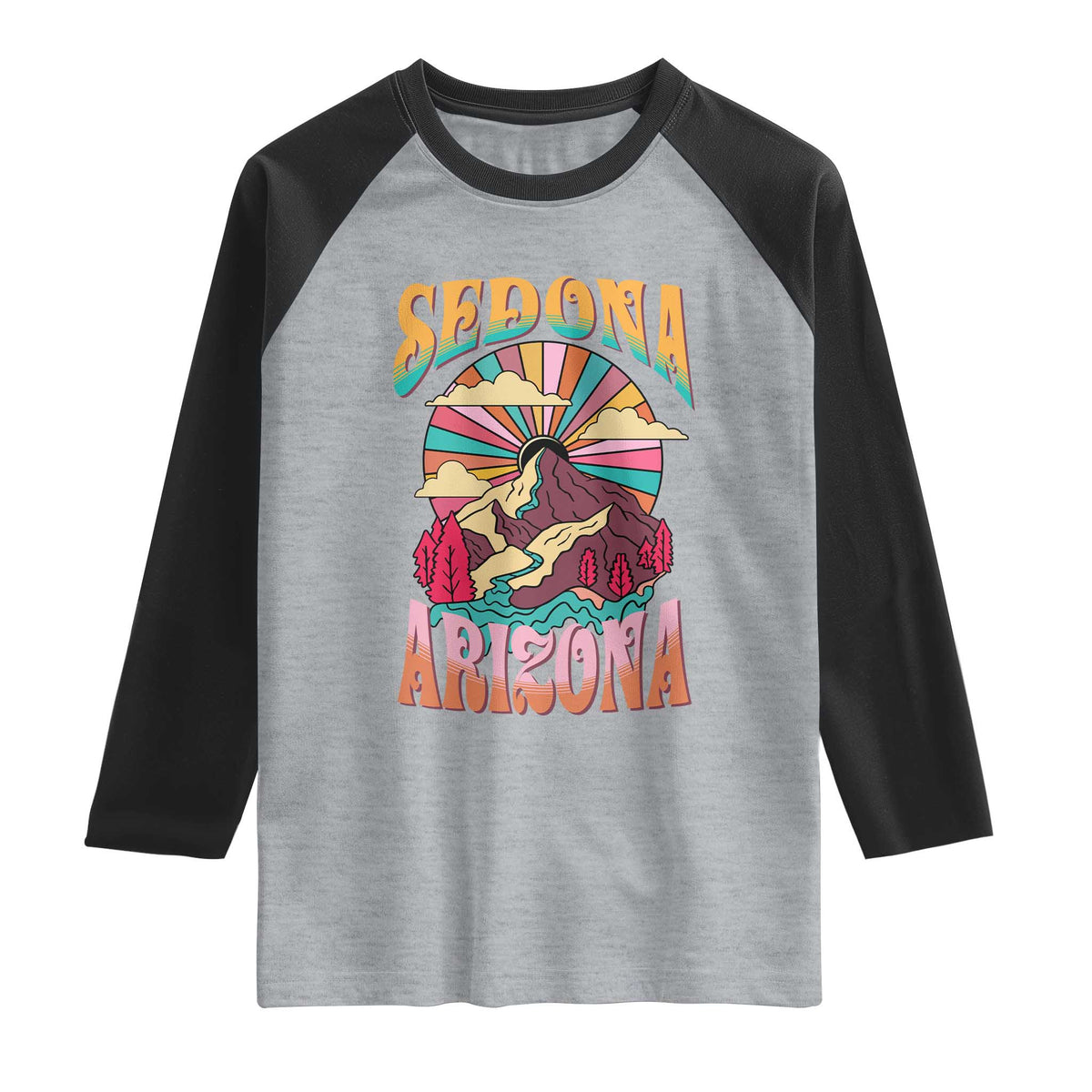 Vintage Retro Sedona Arizona Graphic Raglan Shirt Psychedelic Red Rock Mountain Sunset Travel Souvenir