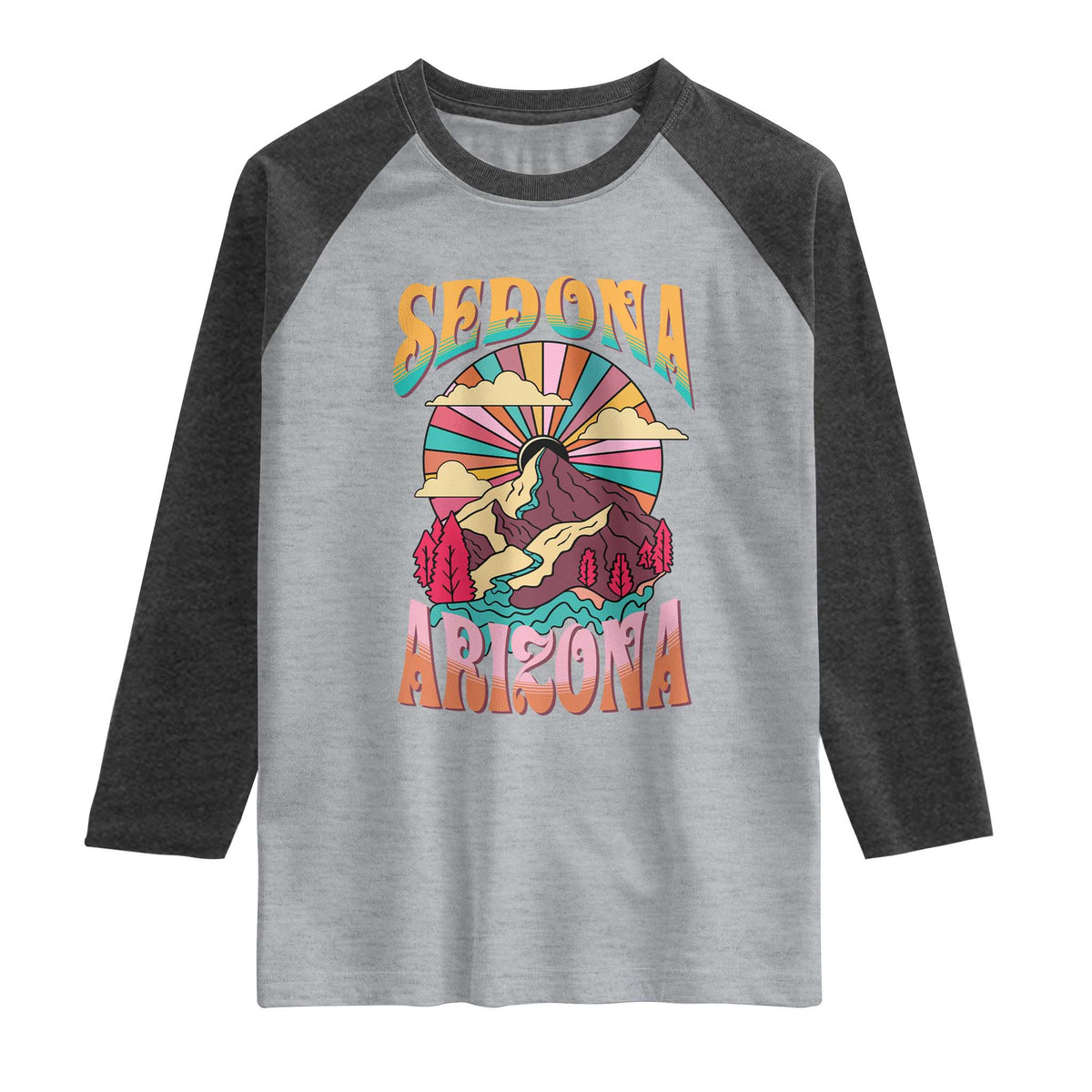 Vintage Retro Sedona Arizona Graphic Raglan Shirt Psychedelic Red Rock Mountain Sunset Travel Souvenir