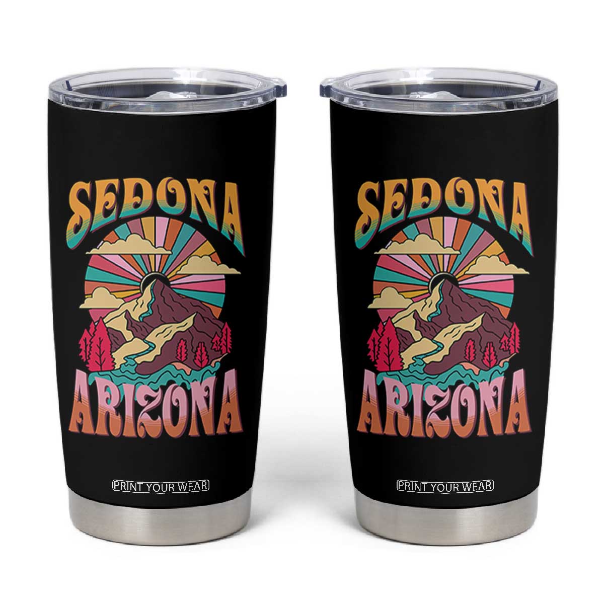 Vintage Retro Sedona Arizona Graphic Tumbler Cup Psychedelic Red Rock Mountain Sunset Travel Souvenir