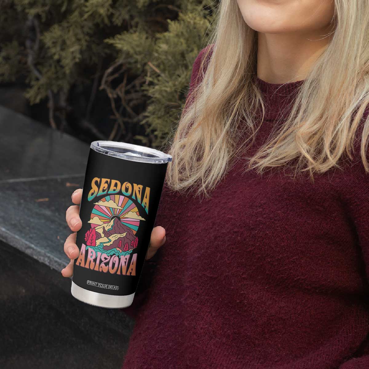 Vintage Retro Sedona Arizona Graphic Tumbler Cup Psychedelic Red Rock Mountain Sunset Travel Souvenir